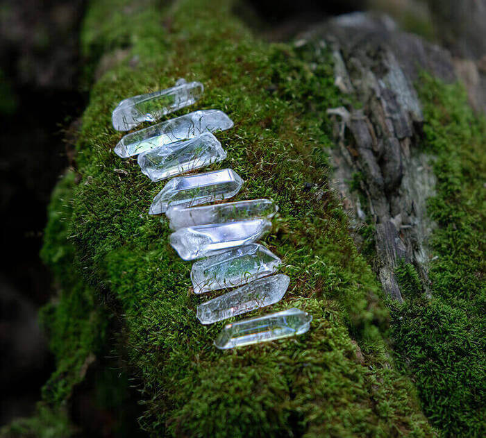 Crystals on stone with moss