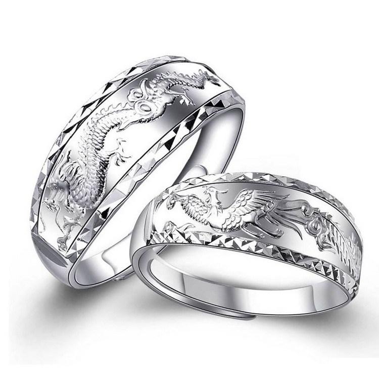 Silver Dragon Phoenix Couple Ring