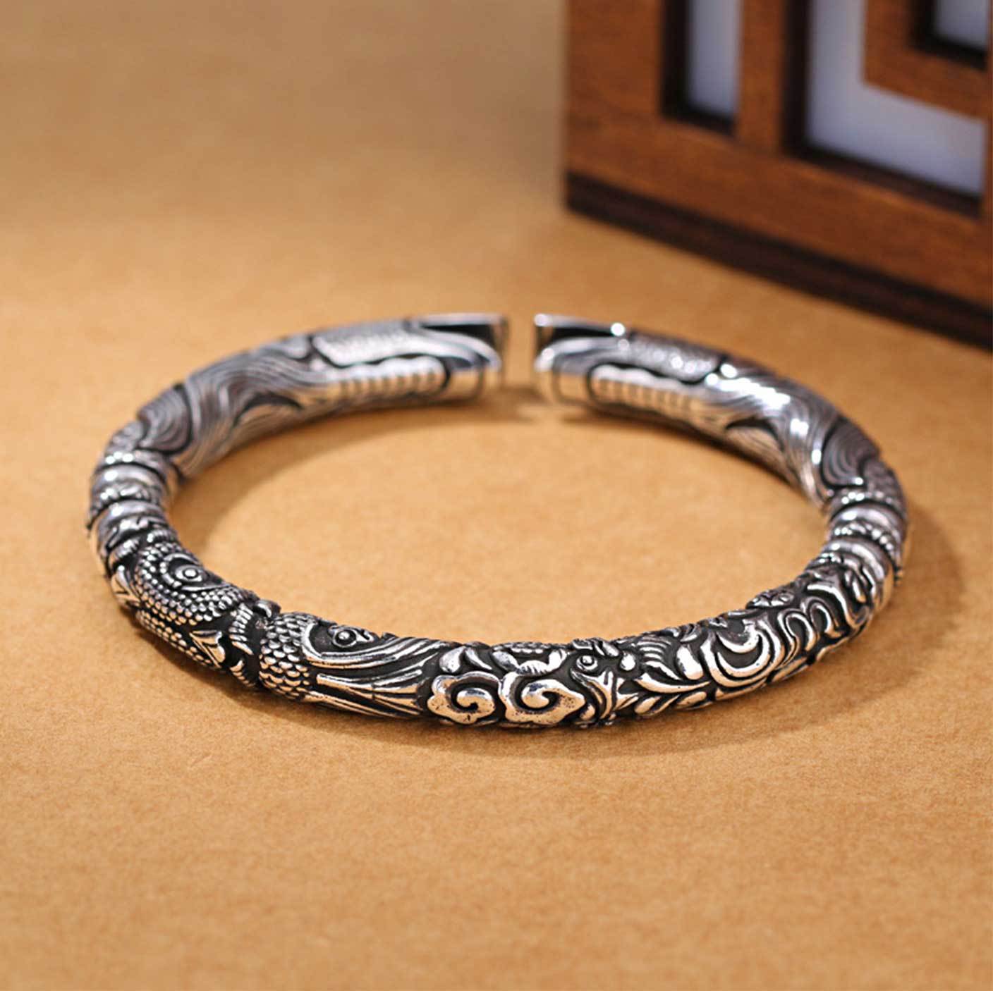 Handmade Thai Silver Open Cuff Dragon Bracelet - Bracelet - Inner Wisdom Store