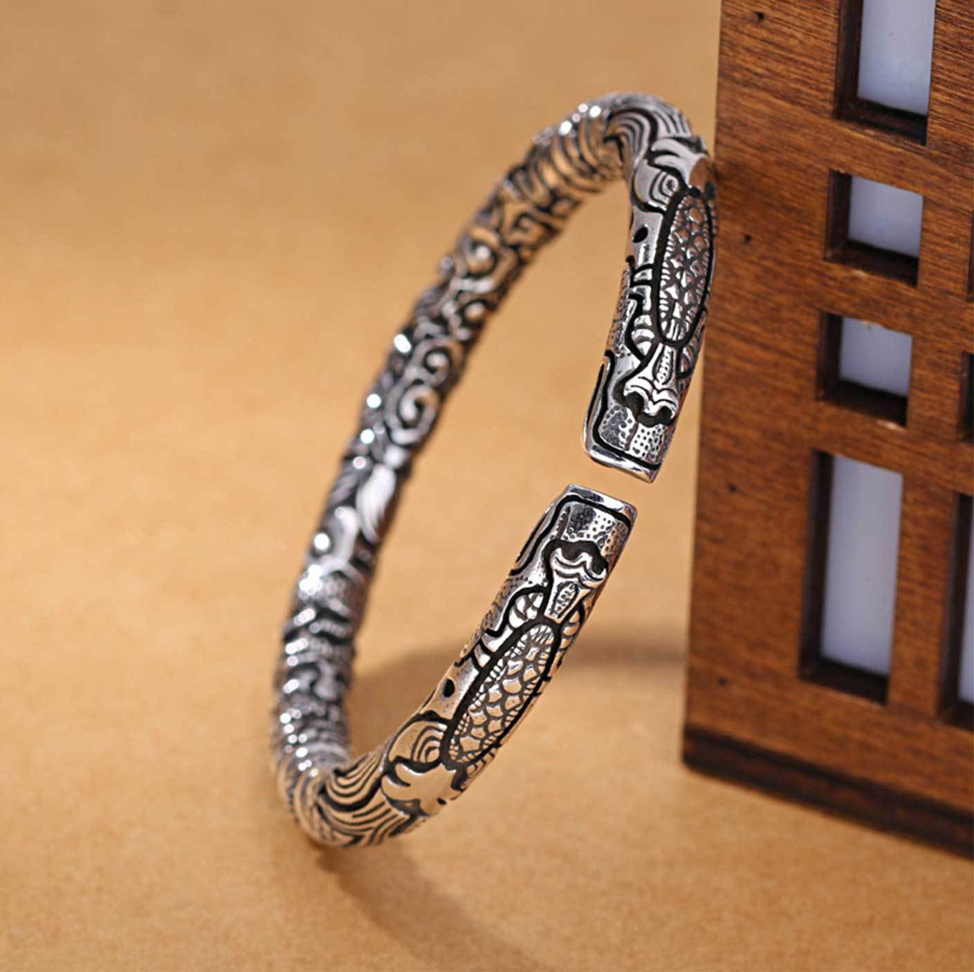 Handmade Thai Silver Open Cuff Dragon Bracelet - Bracelet - Inner Wisdom Store