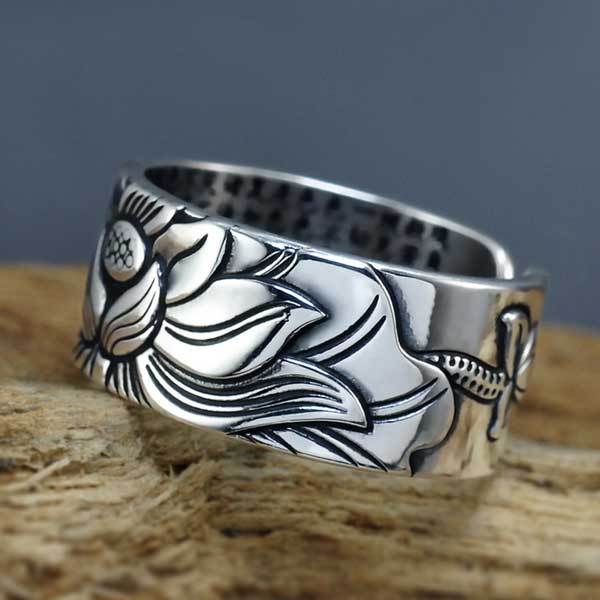 Buddhist Ring with Lotus and Heart Sutra - Ring - Inner Wisdom Store