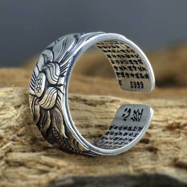 Buddhist Ring with Lotus and Heart Sutra - Ring - Inner Wisdom Store