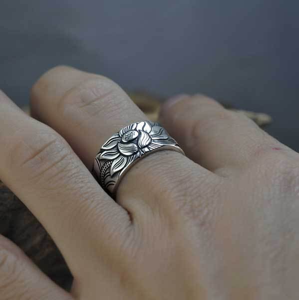Buddhist Ring with Lotus and Heart Sutra - Ring - Inner Wisdom Store