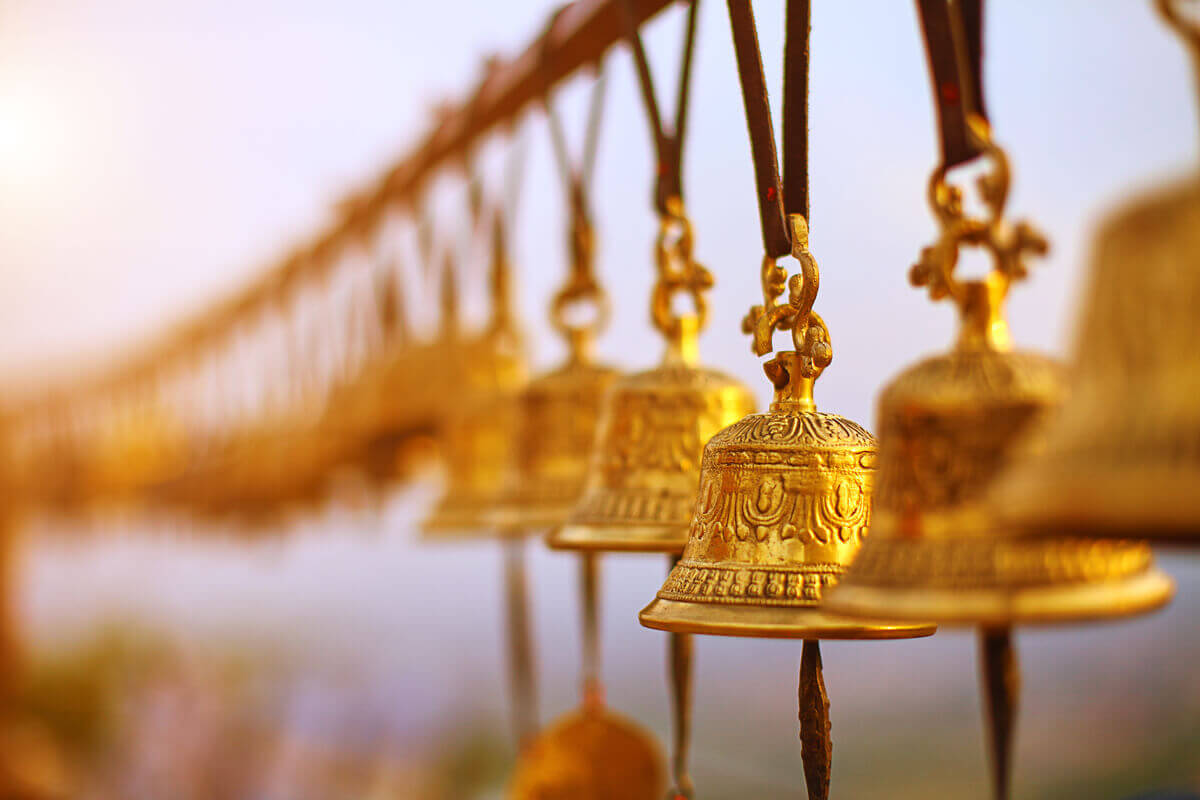 Row of golden bells hanging