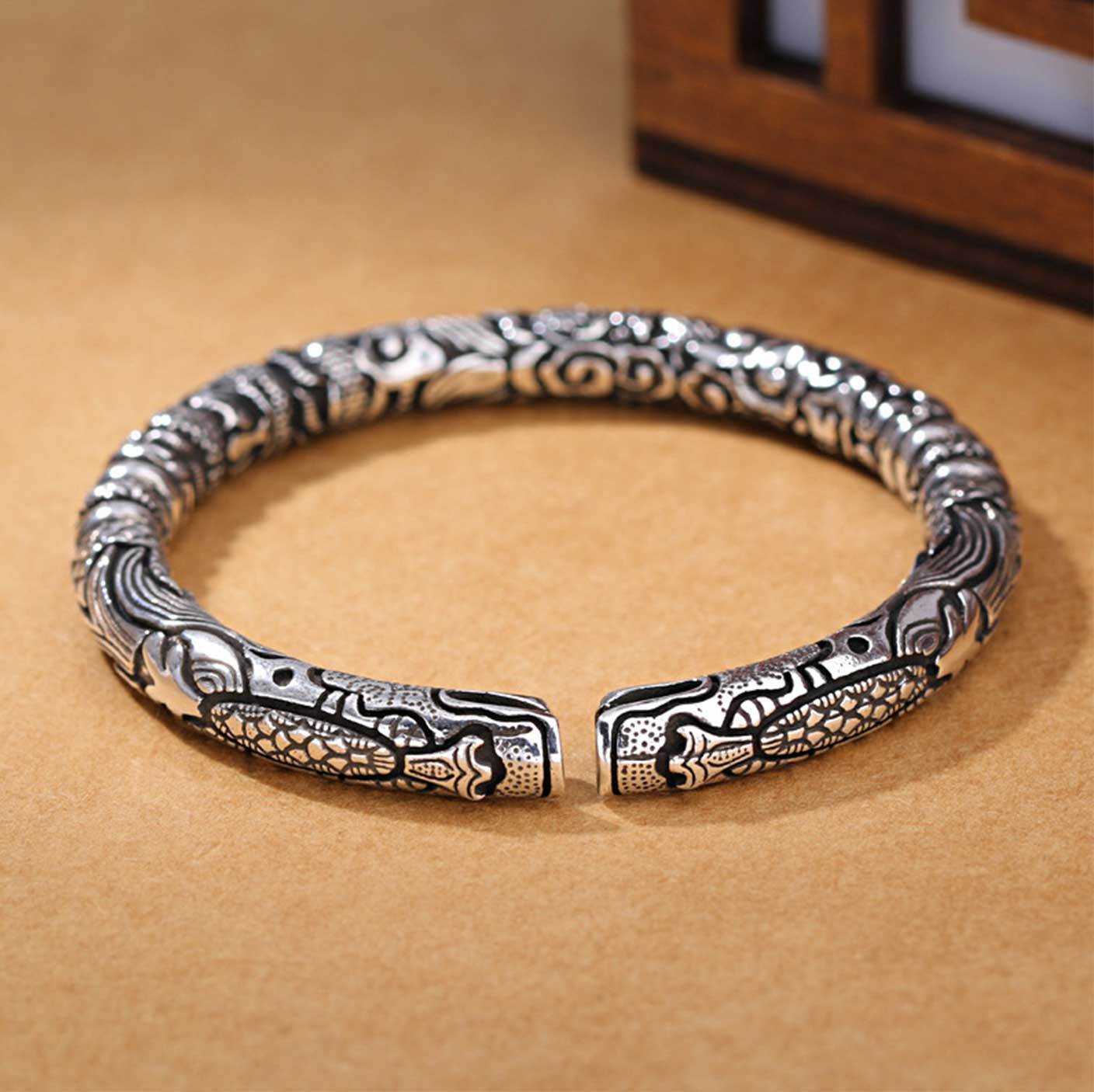 Handmade Thai Silver Open Cuff Dragon Bracelet - Bracelet - Inner Wisdom Store