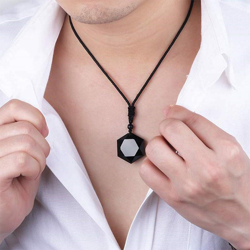 Natural Black Obsidian Moon And Stars Premium Pendant Necklace