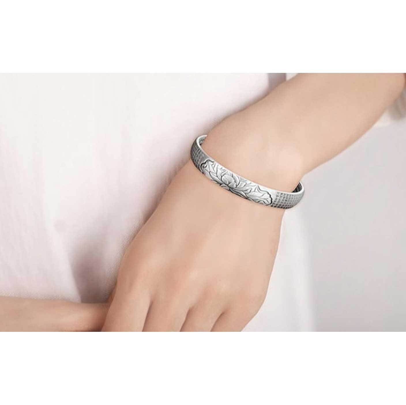 Silver Lotus Flower Bangle Bracelet - Bracelet - Inner Wisdom Store